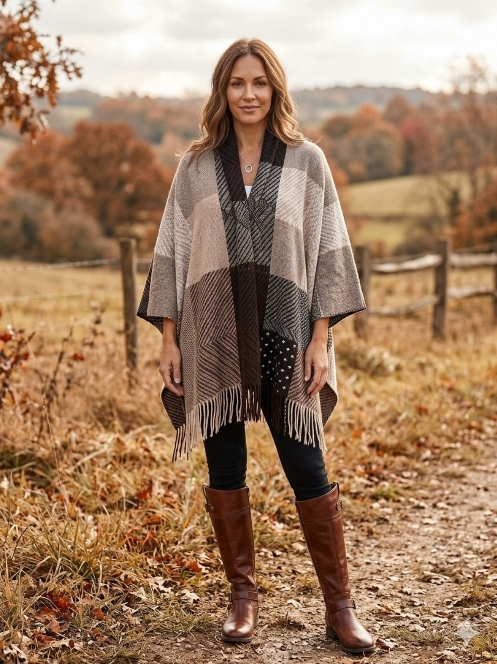 Vince Camuto Plaid Fringe Open-Front Poncho Wrap- Taupe & Gray O/S NWT